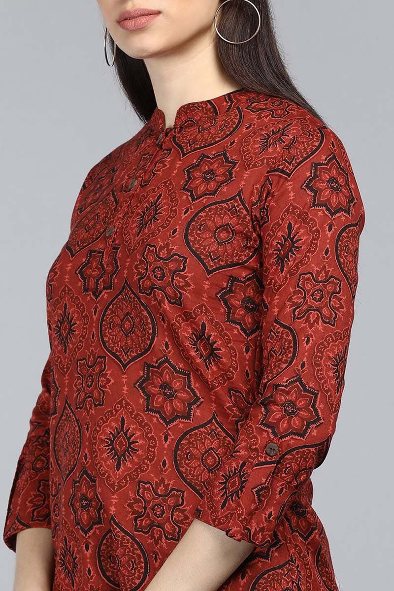 ZERESOUQ-Red-Cotton-Ethnic-Motifs-Printed-Mandarin-Tunic-Top