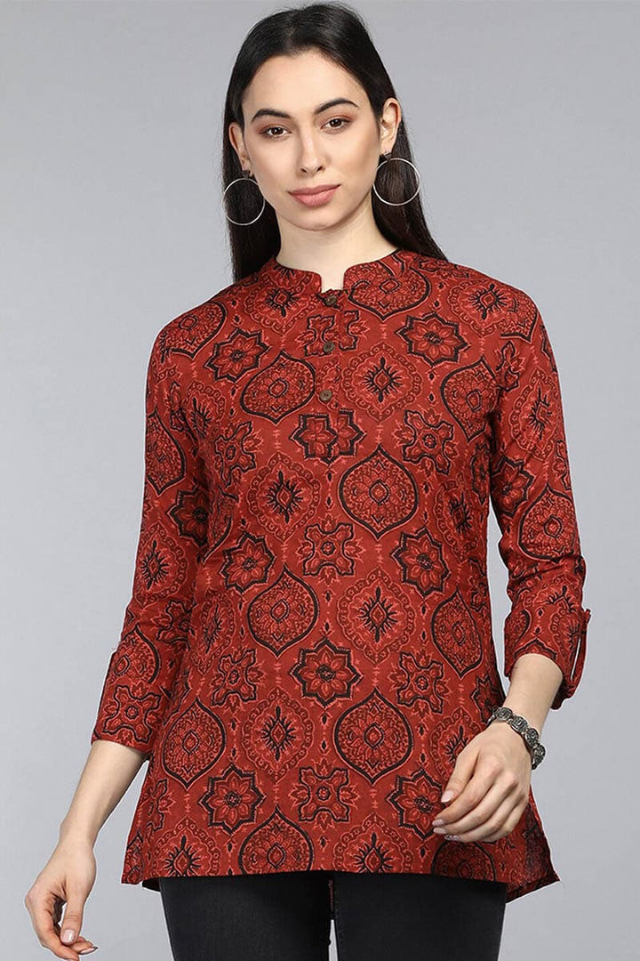 ZERESOUQ-Red-Cotton-Ethnic-Motifs-Printed-Mandarin-Tunic-Top