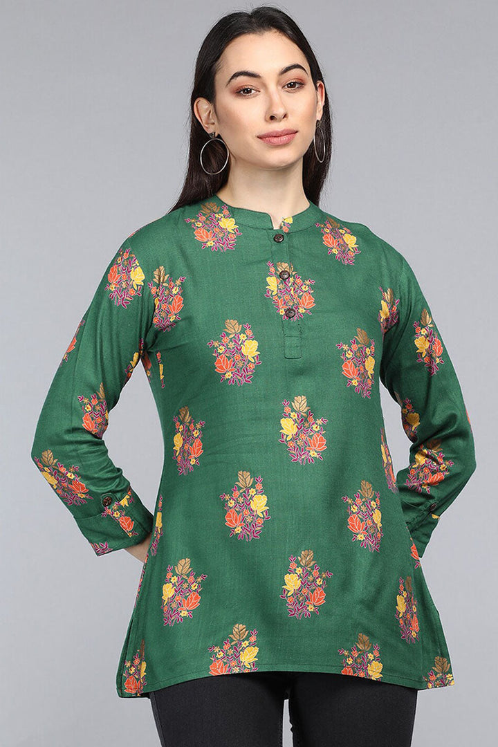 ZERESOUQ-Dark-Green-Cotton-Floral-Printed-Mandarin-Tunic-Top