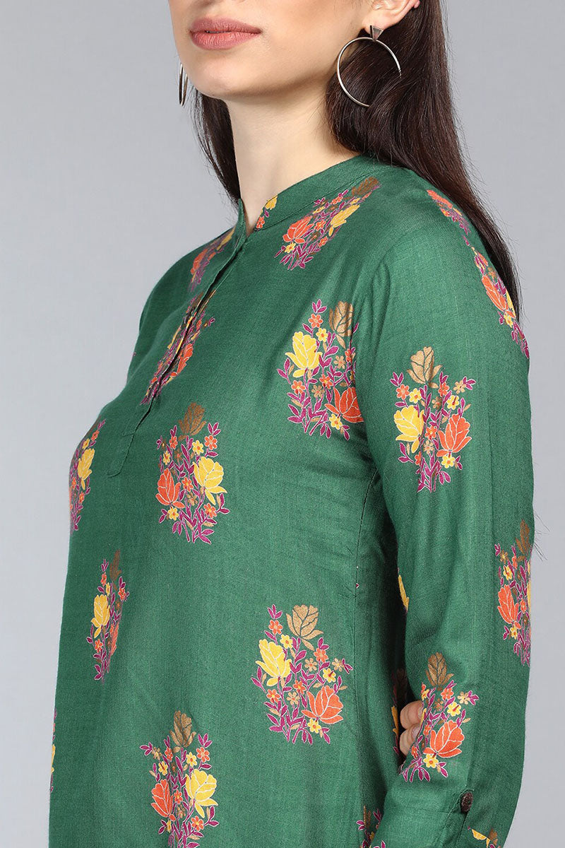 Dark Green Cotton Floral Printed Mandarin Tunic Top