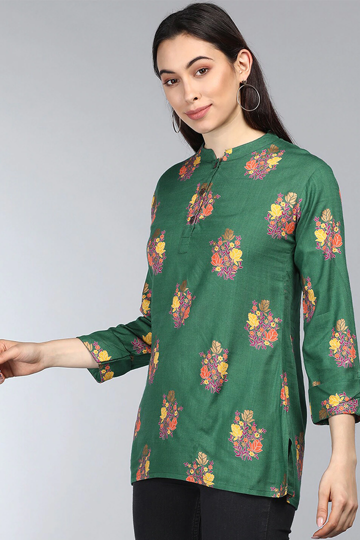 ZERESOUQ-Dark-Green-Cotton-Floral-Printed-Mandarin-Tunic-Top