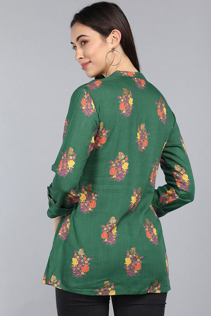 Dark Green Cotton Floral Printed Mandarin Tunic Top