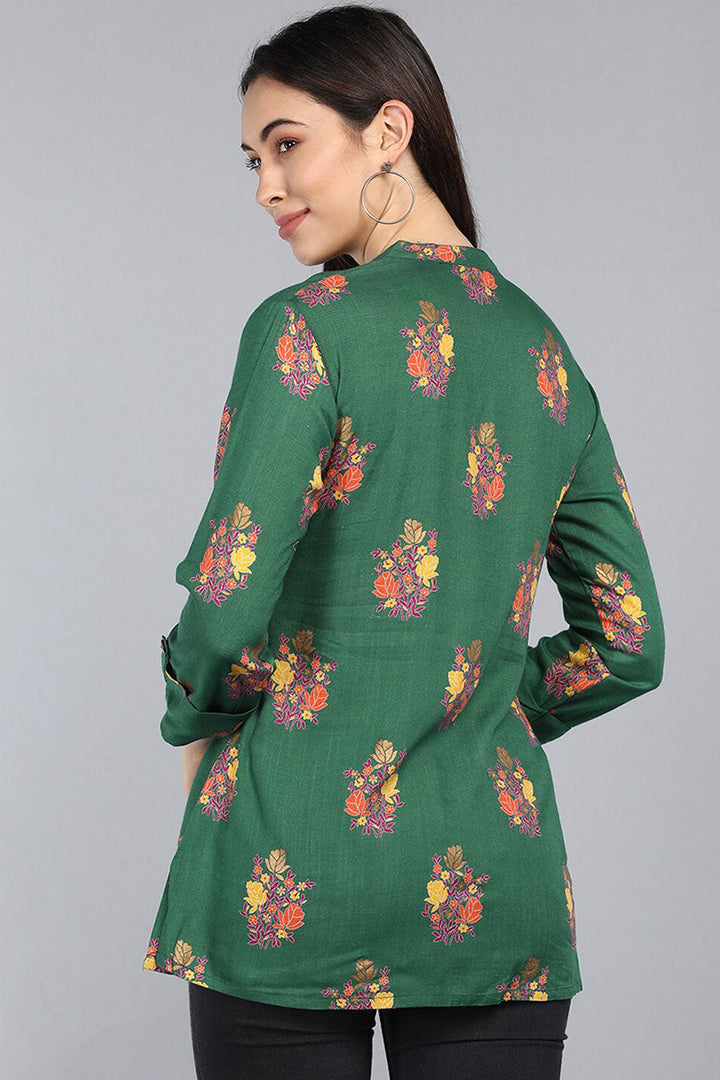 ZERESOUQ-Dark-Green-Cotton-Floral-Printed-Mandarin-Tunic-Top