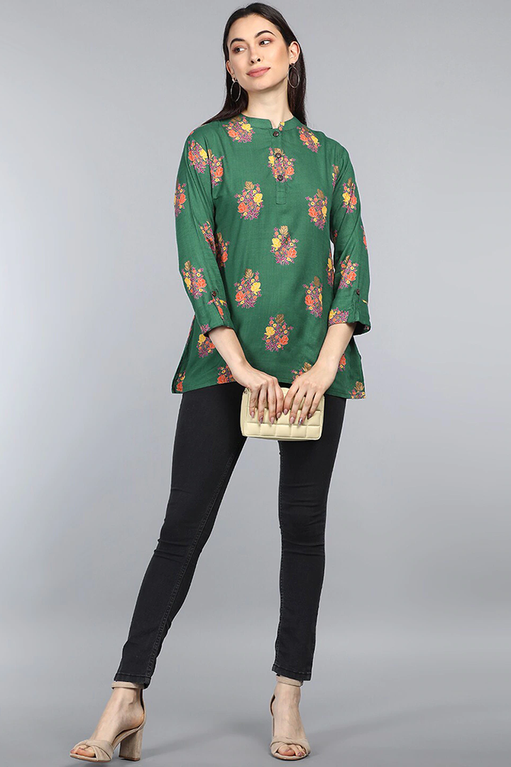 Dark Green Cotton Floral Printed Mandarin Tunic Top