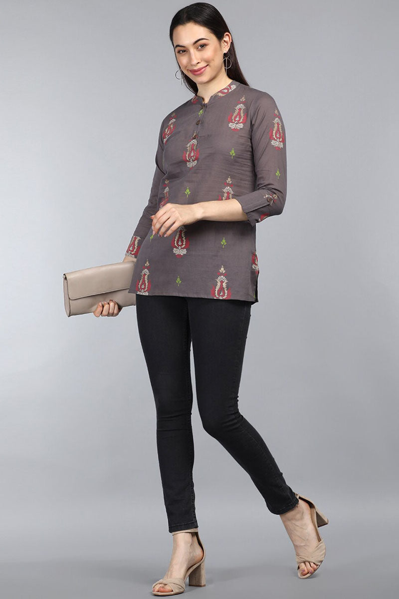 ZERESOUQ-Grey-Cotton-Abstract-Printed-Mandarin-Tunic-Top