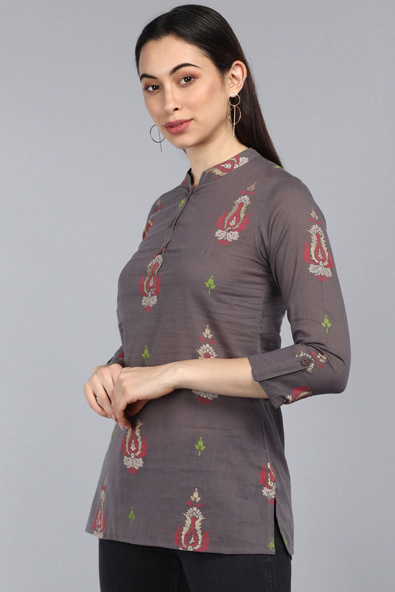 ZERESOUQ-Grey-Cotton-Abstract-Printed-Mandarin-Tunic-Top