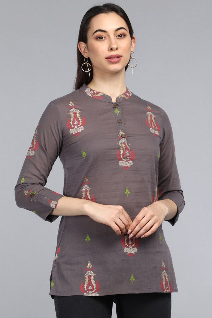 ZERESOUQ-Grey-Cotton-Abstract-Printed-Mandarin-Tunic-Top