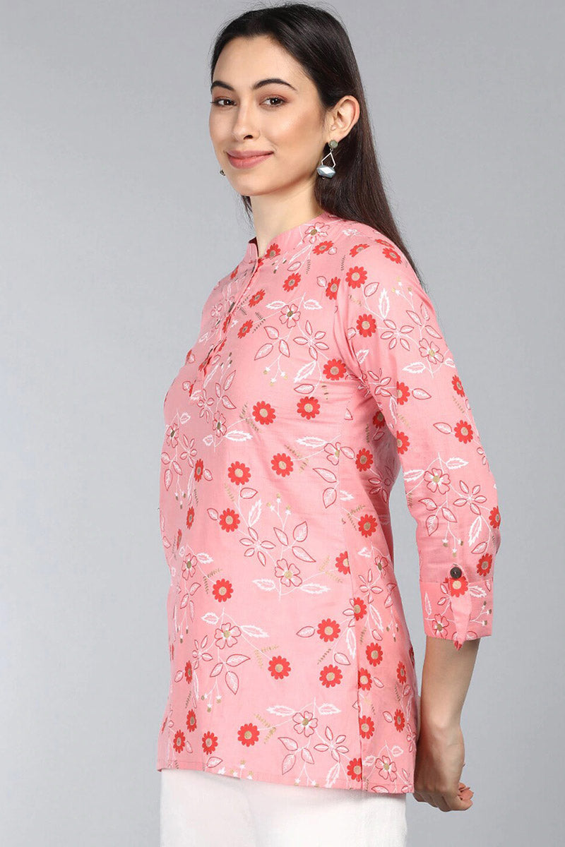 ZERESOUQ-Pink-Cotton-Floral-Printed-Mandarin-Tunic-Top