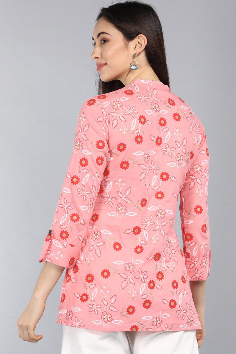 Pink Cotton Floral Printed Mandarin Tunic Top