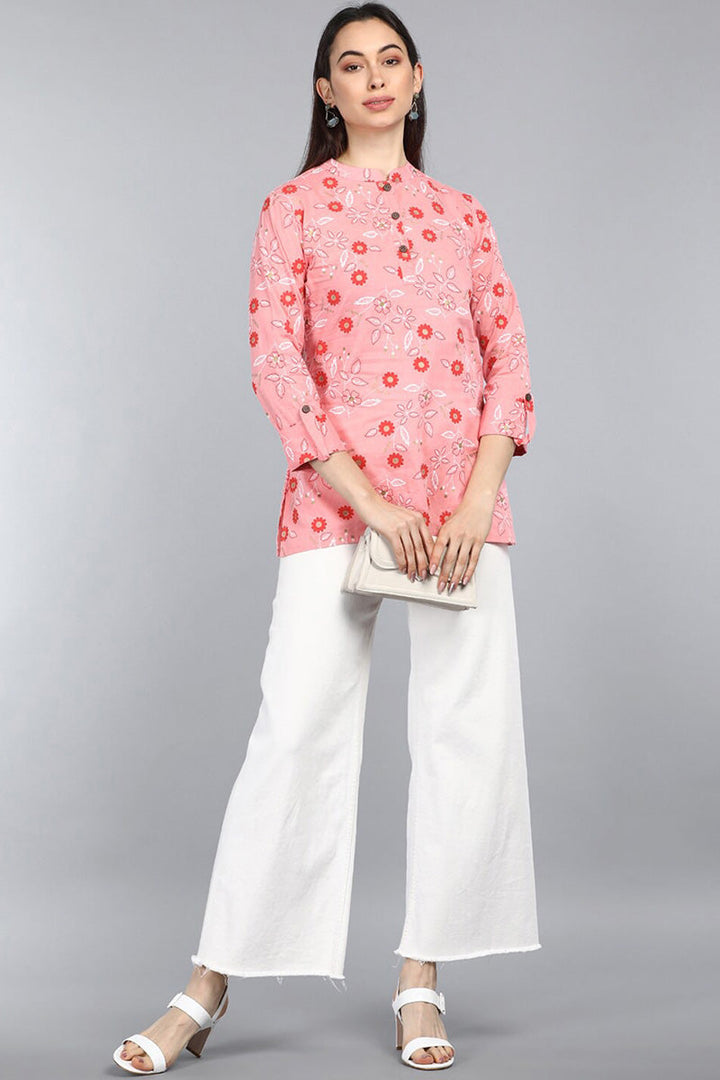 ZERESOUQ-Pink-Cotton-Floral-Printed-Mandarin-Tunic-Top