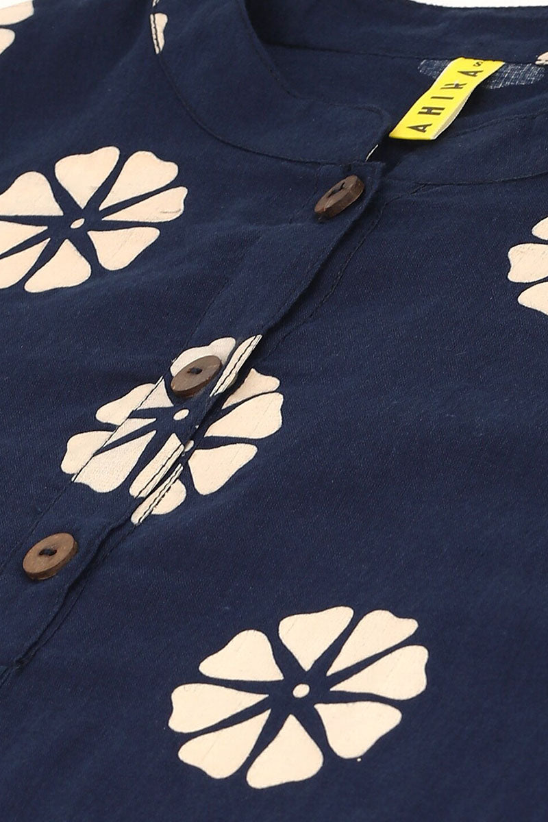 Dark Blue Cotton Floral Printed Mandarin Tunic Top