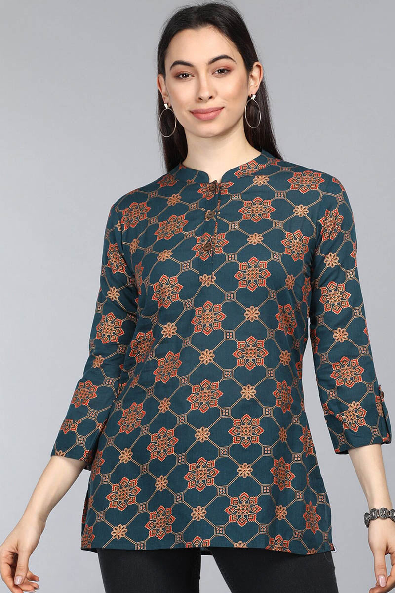 ZERESOUQ-Dark-Blue-&-Red-Cotton-Motif-Printed-Mandarin-Tunic-Top