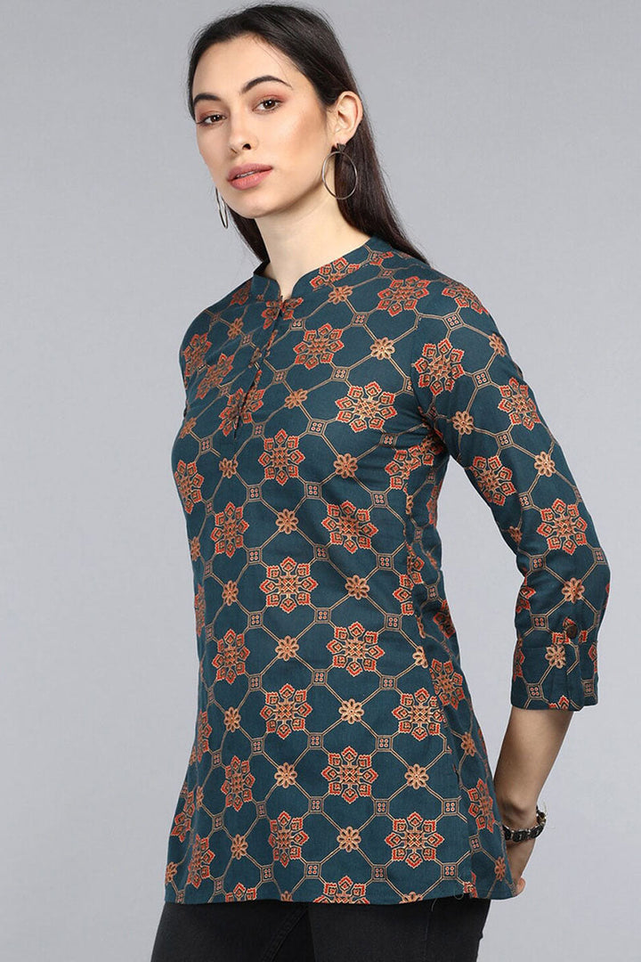 ZERESOUQ-Dark-Blue-&-Red-Cotton-Motif-Printed-Mandarin-Tunic-Top