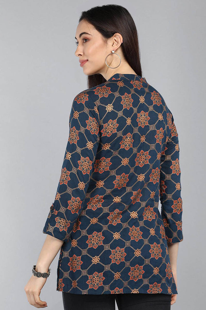 ZERESOUQ-Dark-Blue-&-Red-Cotton-Motif-Printed-Mandarin-Tunic-Top