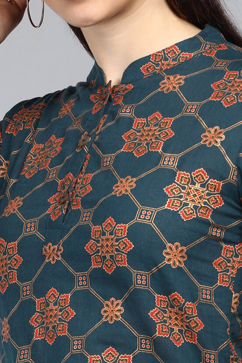 ZERESOUQ-Dark-Blue-&-Red-Cotton-Motif-Printed-Mandarin-Tunic-Top