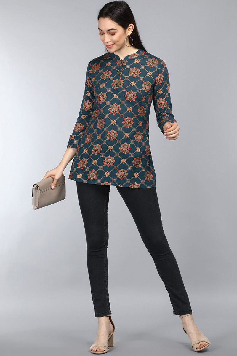 ZERESOUQ-Dark-Blue-&-Red-Cotton-Motif-Printed-Mandarin-Tunic-Top