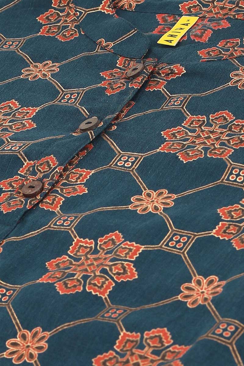 ZERESOUQ-Dark-Blue-&-Red-Cotton-Motif-Printed-Mandarin-Tunic-Top