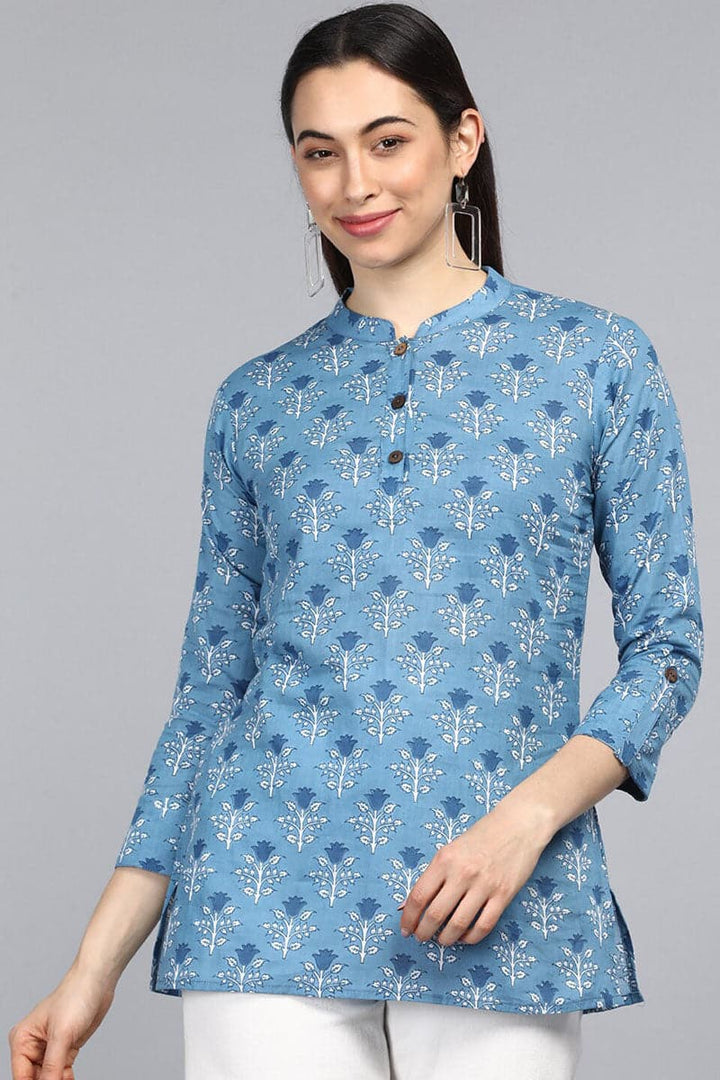 ZERESOUQ-Cold-Blue-Cotton-Floral-Ajrakh-Print-Mandarin-Tunic-Top