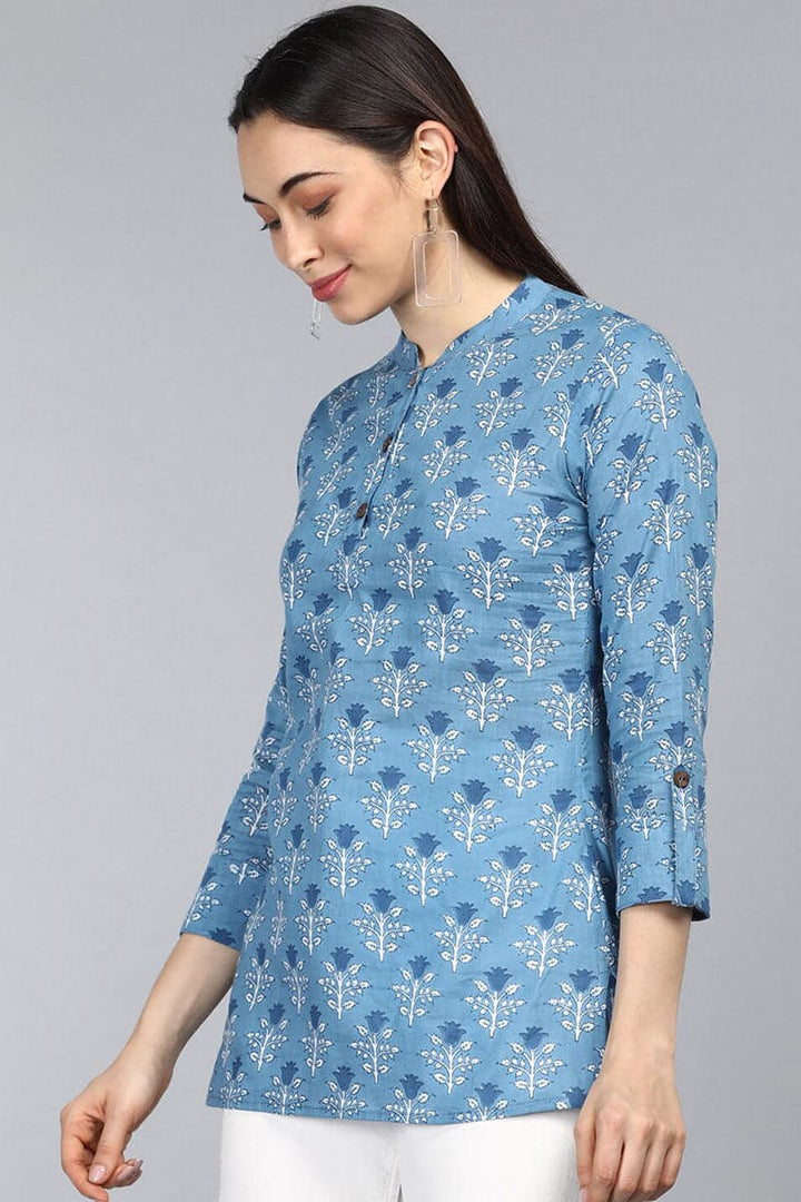 ZERESOUQ-Cold-Blue-Cotton-Floral-Ajrakh-Print-Mandarin-Tunic-Top
