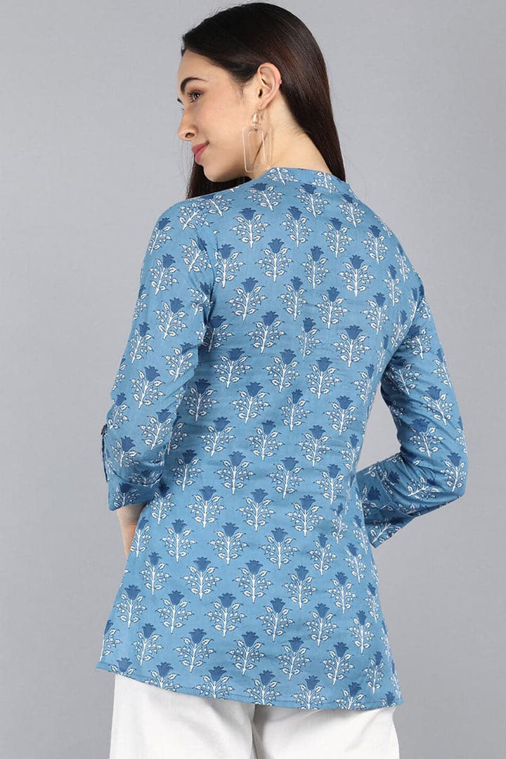 ZERESOUQ-Cold-Blue-Cotton-Floral-Ajrakh-Print-Mandarin-Tunic-Top