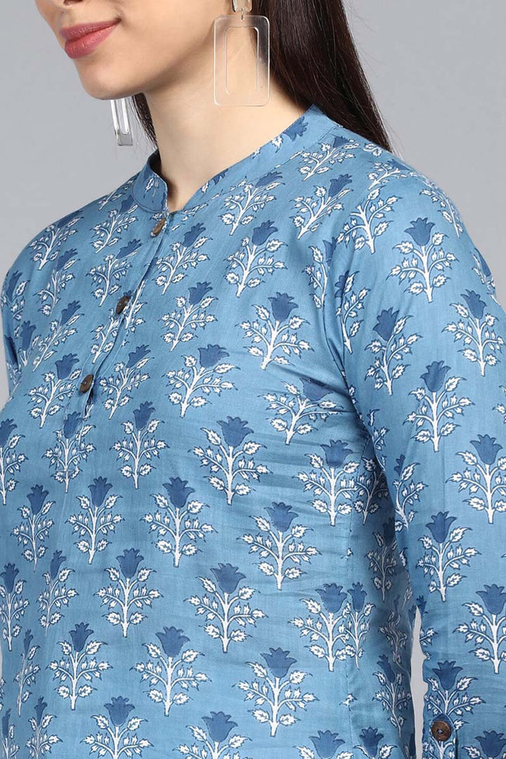 ZERESOUQ-Cold-Blue-Cotton-Floral-Ajrakh-Print-Mandarin-Tunic-Top