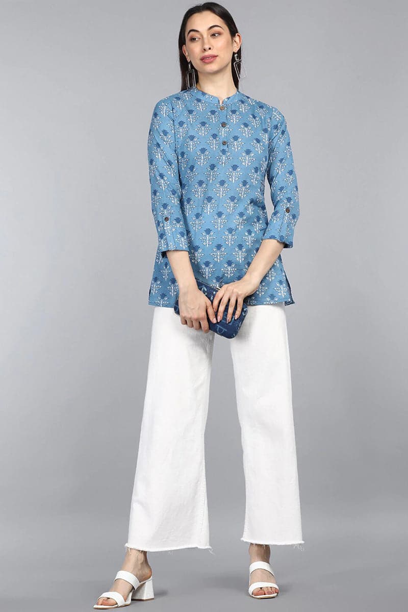ZERESOUQ-Cold-Blue-Cotton-Floral-Ajrakh-Print-Mandarin-Tunic-Top