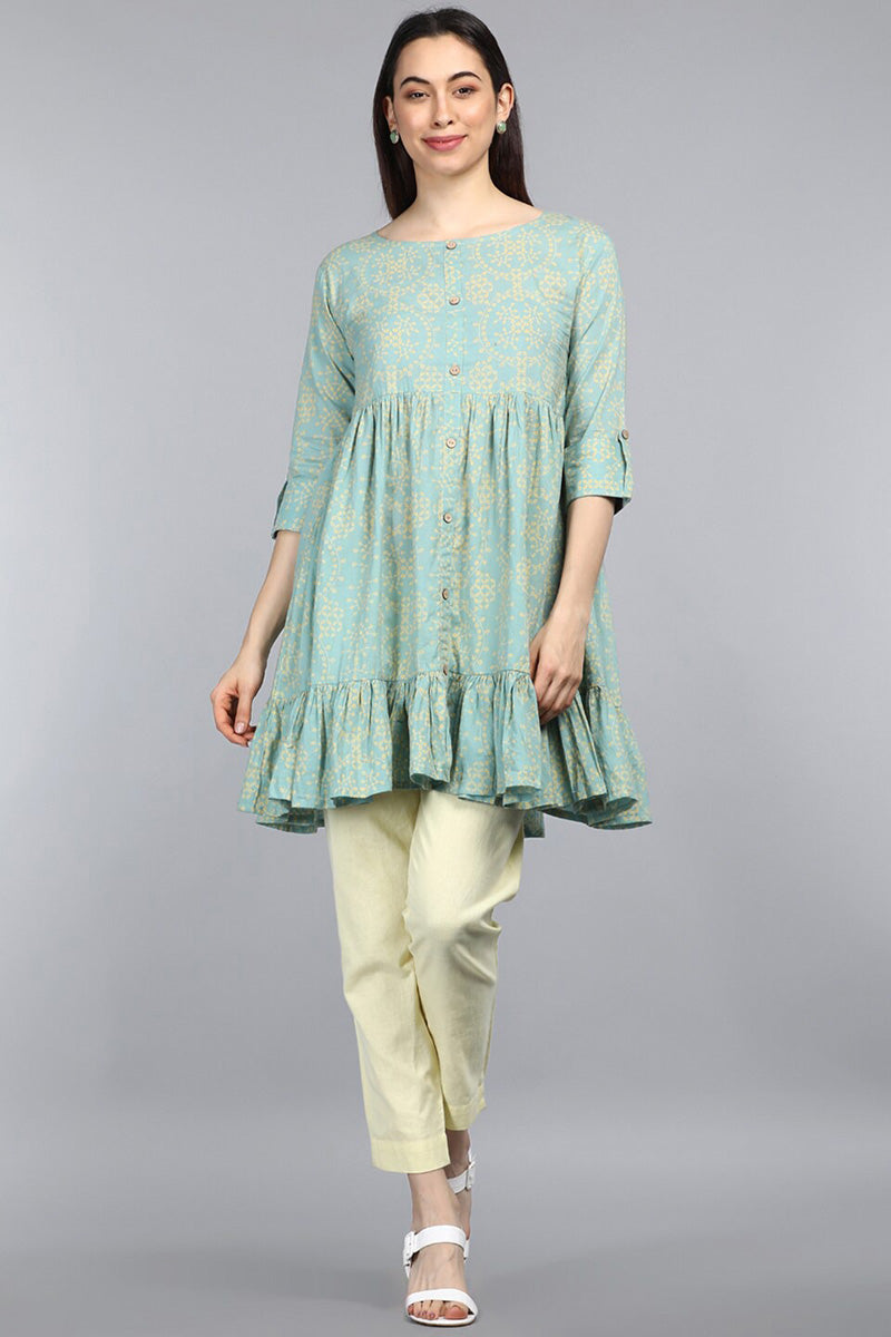 ZERESOUQ-Pale-Teal-Pure-Cotton-Ethnic-Motifs-Printed-Tunic-Top
