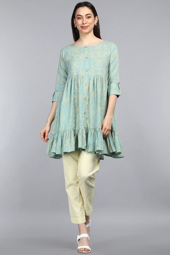 ZERESOUQ-Pale-Teal-Pure-Cotton-Ethnic-Motifs-Printed-Tunic-Top