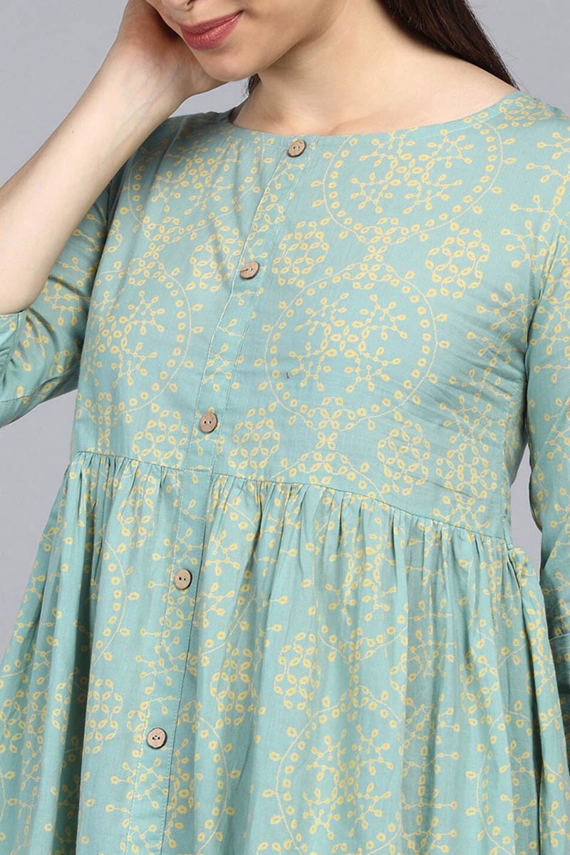 ZERESOUQ-Pale-Teal-Pure-Cotton-Ethnic-Motifs-Printed-Tunic-Top