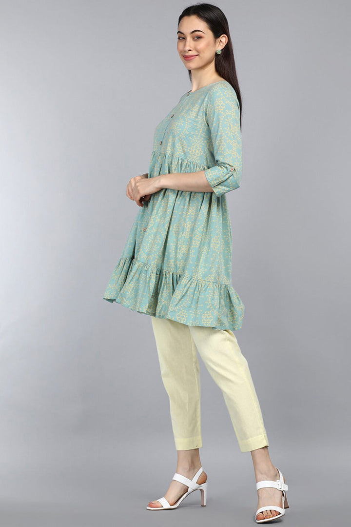 ZERESOUQ-Pale-Teal-Pure-Cotton-Ethnic-Motifs-Printed-Tunic-Top