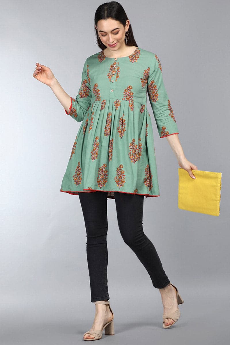 ZERESOUQ-Dark-Sea-Green-Cotton-Floral-Printed-Peplum-Tunic-Top