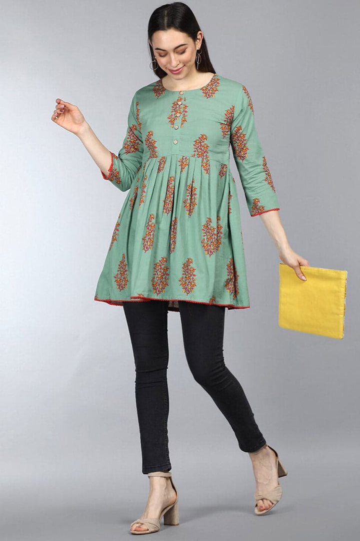 ZERESOUQ-Dark-Sea-Green-Cotton-Floral-Printed-Peplum-Tunic-Top
