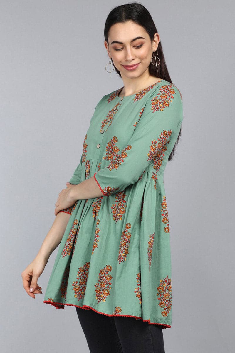 ZERESOUQ-Dark-Sea-Green-Cotton-Floral-Printed-Peplum-Tunic-Top