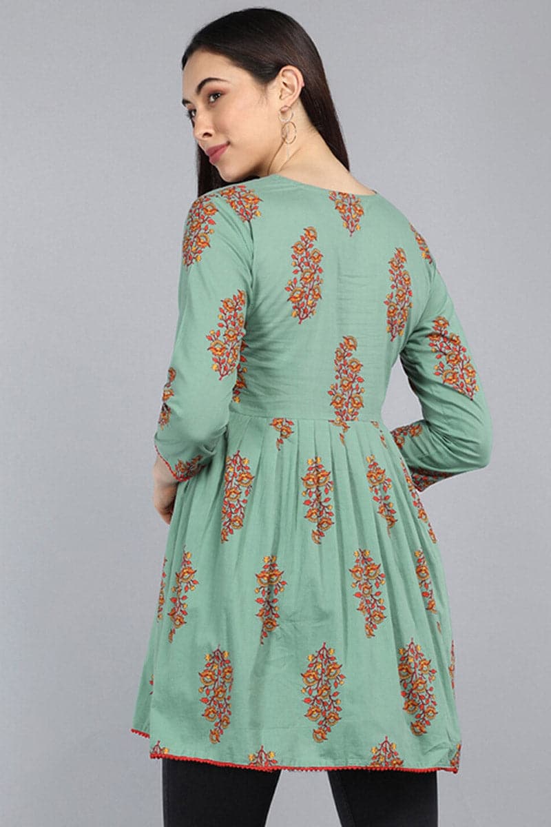 ZERESOUQ-Dark-Sea-Green-Cotton-Floral-Printed-Peplum-Tunic-Top