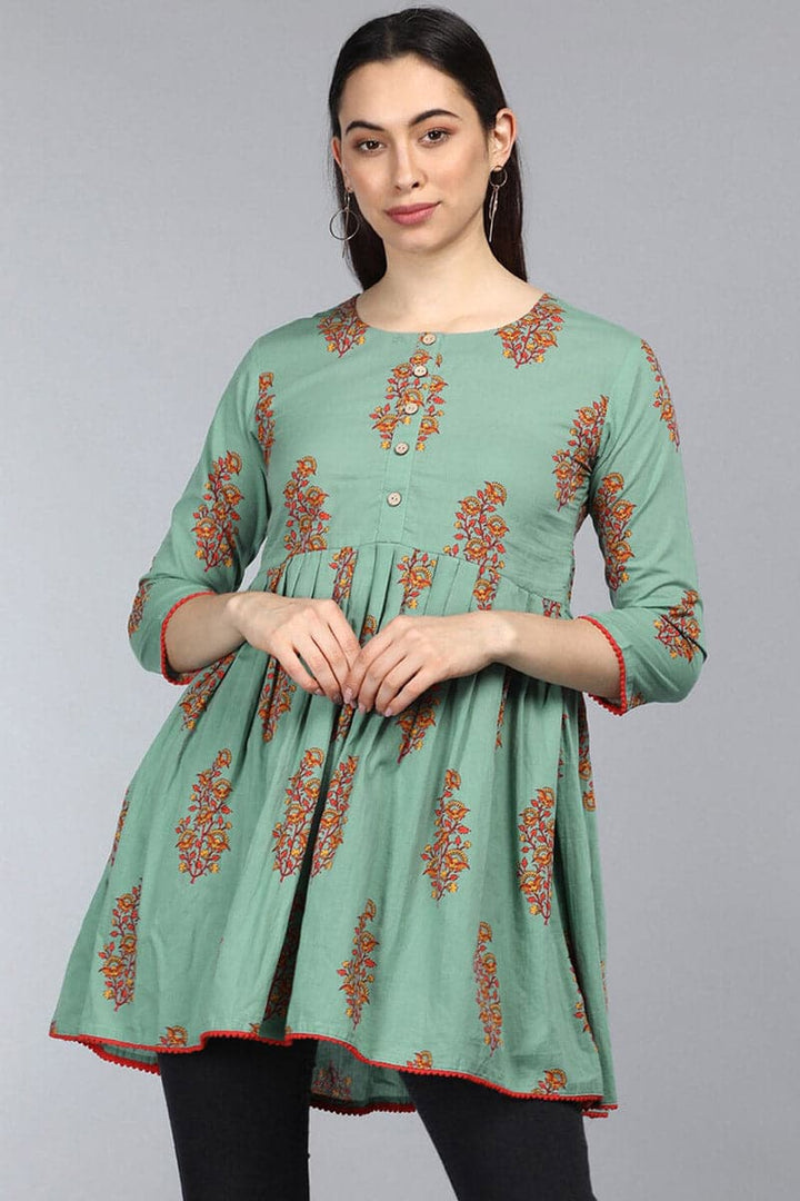 ZERESOUQ-Dark-Sea-Green-Cotton-Floral-Printed-Peplum-Tunic-Top