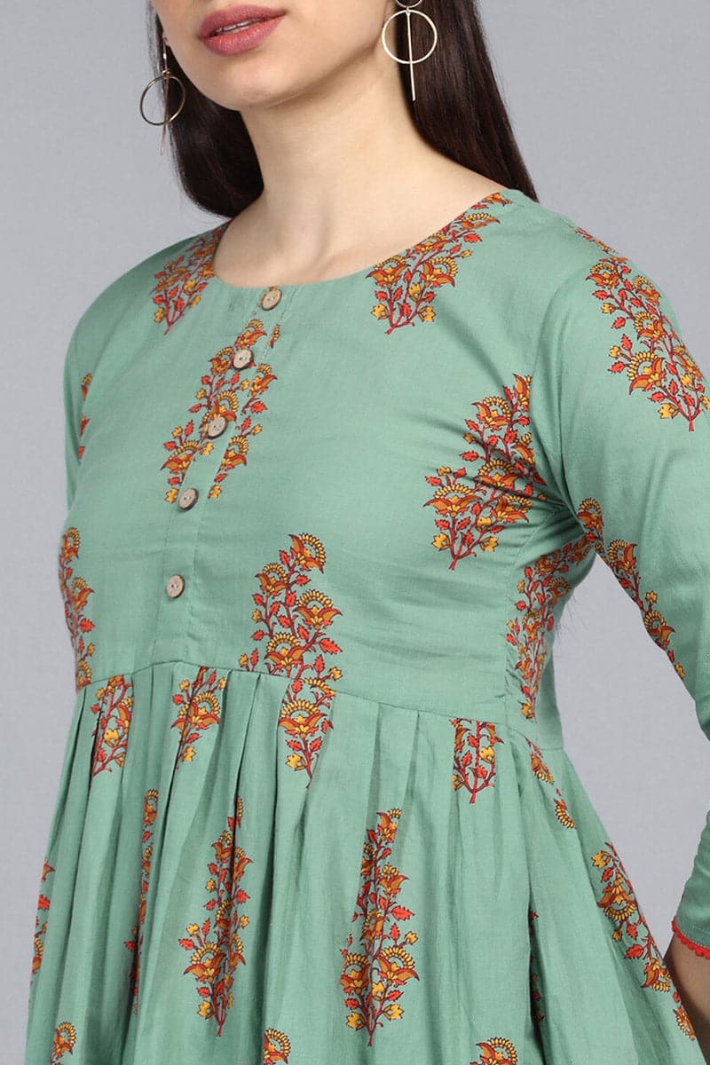 ZERESOUQ-Dark-Sea-Green-Cotton-Floral-Printed-Peplum-Tunic-Top