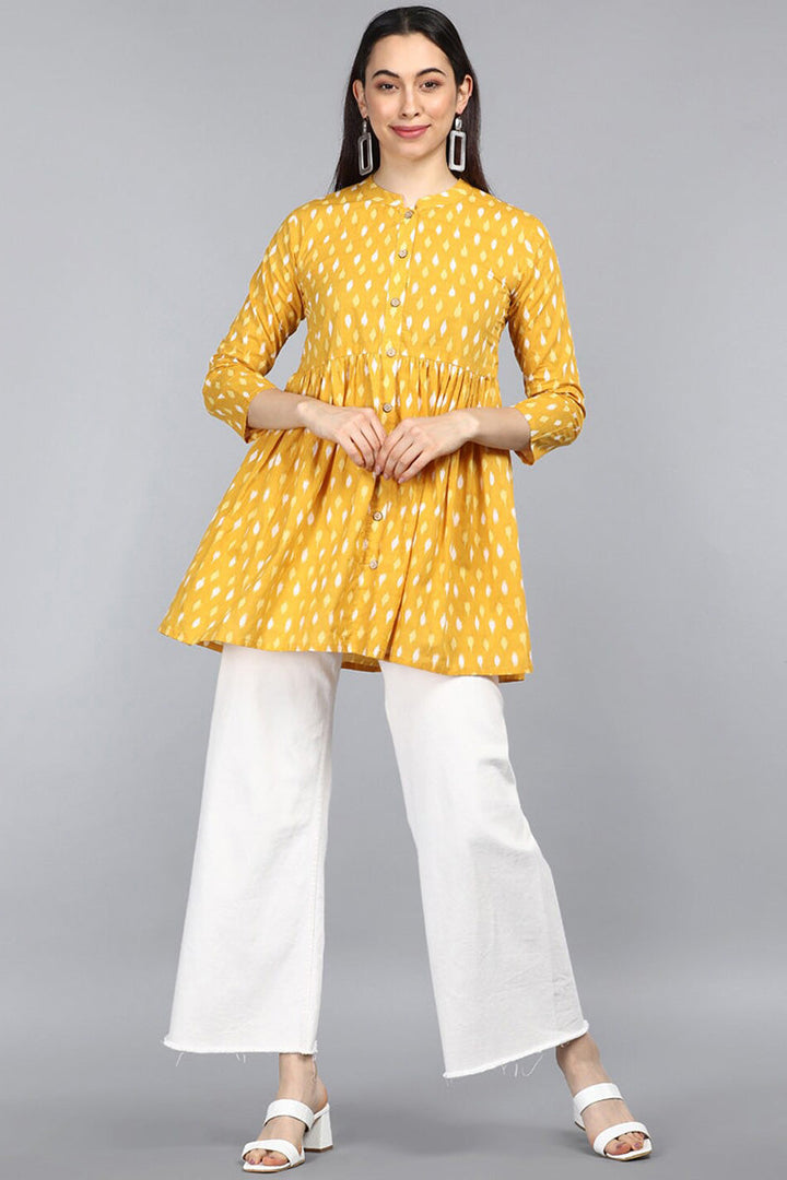 ZERESOUQ-Yellow-Cotton-Abstract-Diamond-Print-Peplum-Tunic-Top