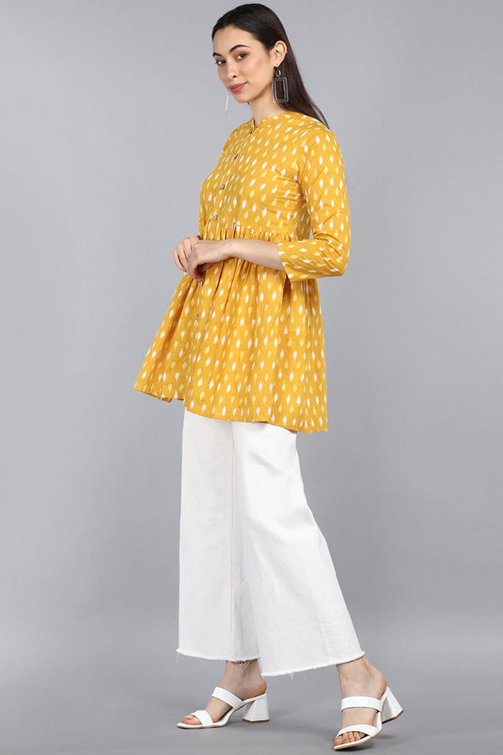 ZERESOUQ-Yellow-Cotton-Abstract-Diamond-Print-Peplum-Tunic-Top