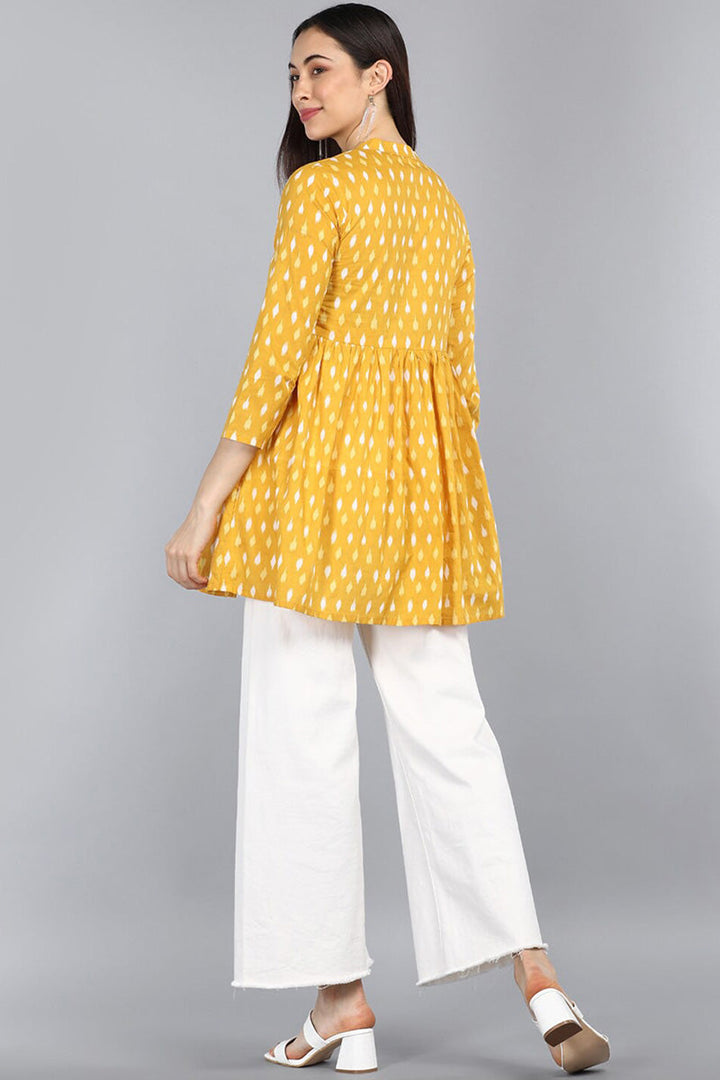 ZERESOUQ-Yellow-Cotton-Abstract-Diamond-Print-Peplum-Tunic-Top