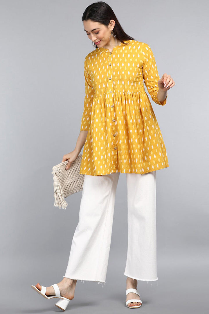 ZERESOUQ-Yellow-Cotton-Abstract-Diamond-Print-Peplum-Tunic-Top
