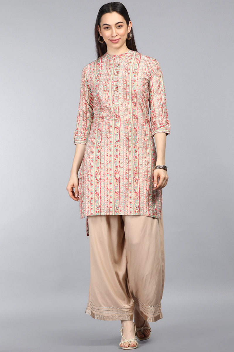 Beige Cotton Ethnic Motifs Printed in Stripes Tunic Top