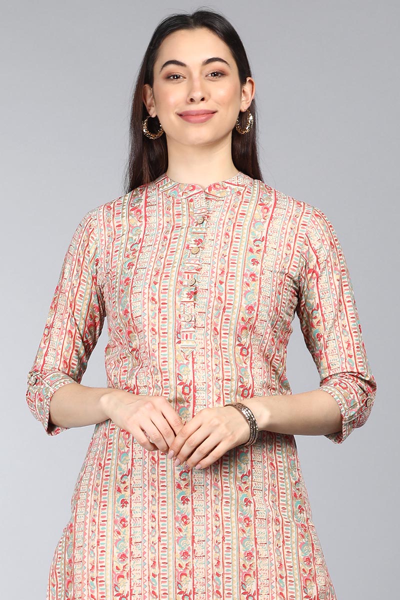 Beige Cotton Ethnic Motifs Printed in Stripes Tunic Top