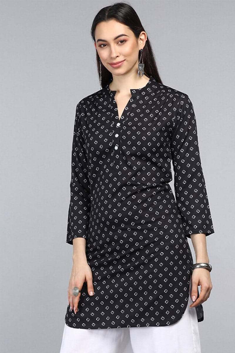 ZERESOUQ-Black-Polyester-Geometric-Printed-Tunic-Top