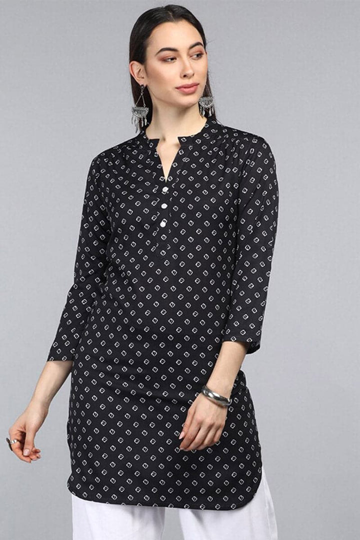 ZERESOUQ-Black-Polyester-Geometric-Printed-Tunic-Top