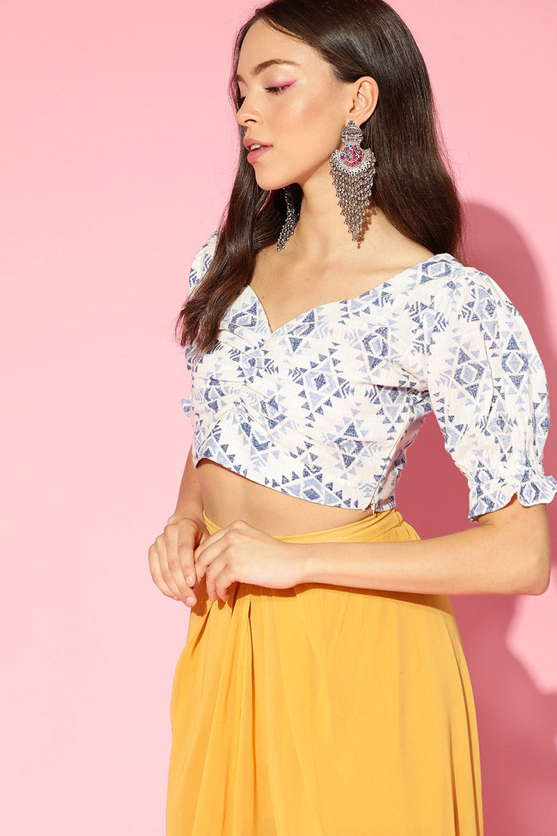 White & Blue Cotton Ethnic Motif Printed Pleated Crop Top