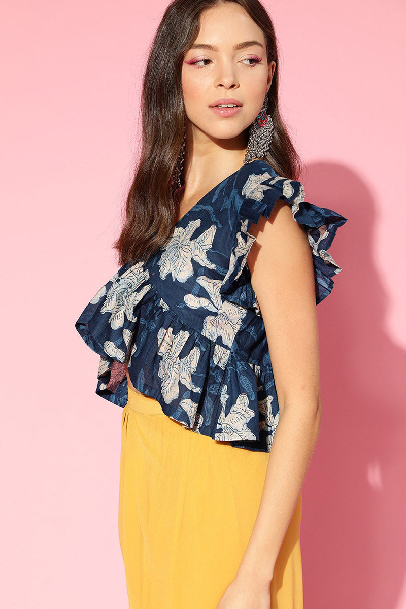 Deep Blue Cotton Floral Printed Crop Top with Flirty Sleeves