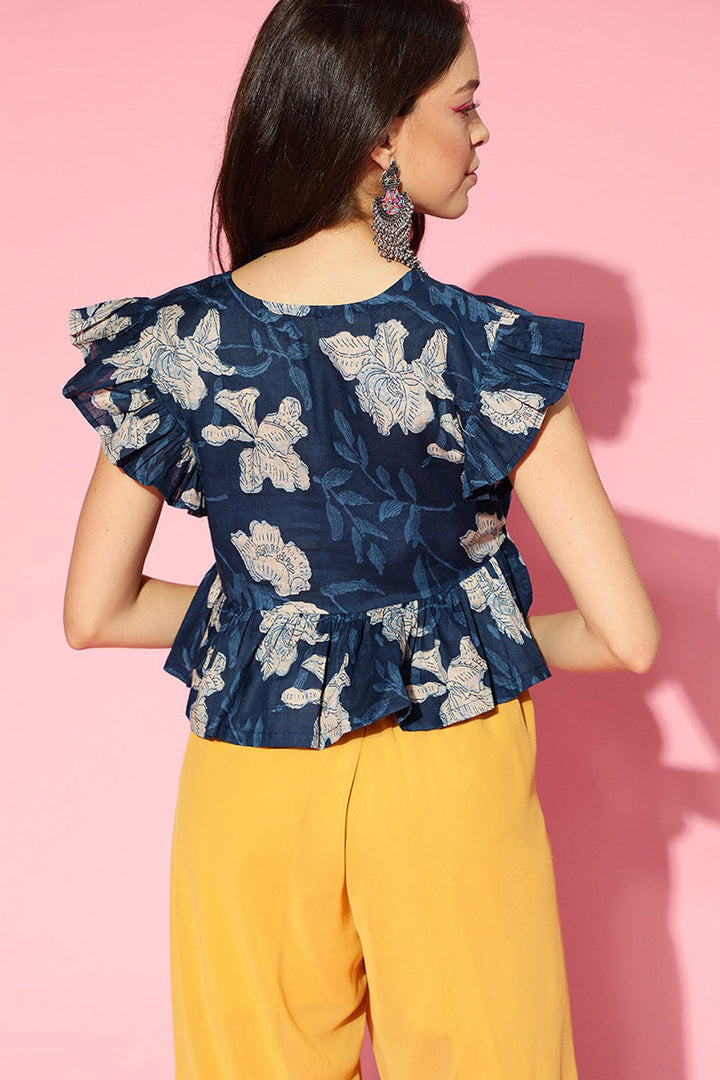 Deep Blue Cotton Floral Printed Crop Top with Flirty Sleeves