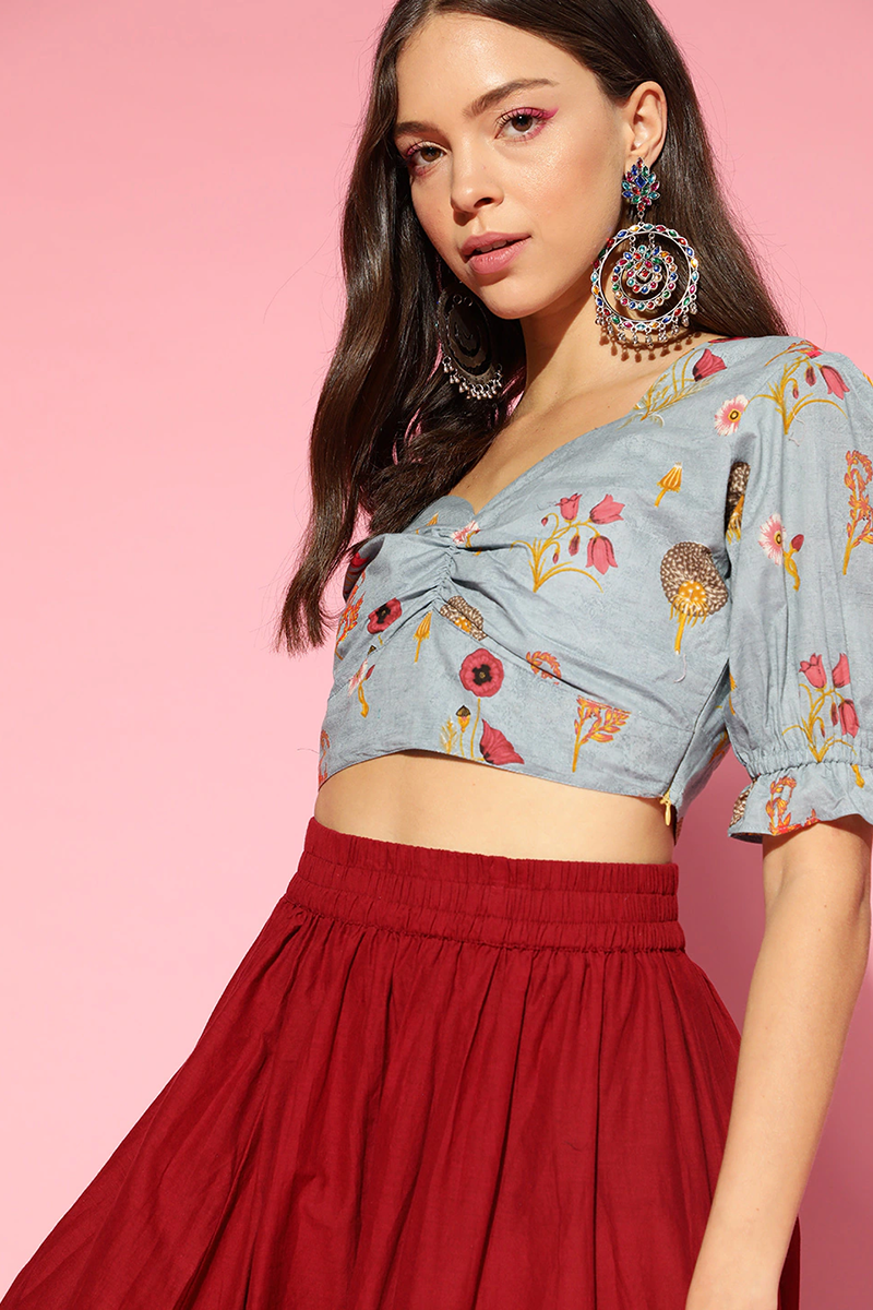 Blue Cotton Floral Printed Pleated Crop Top