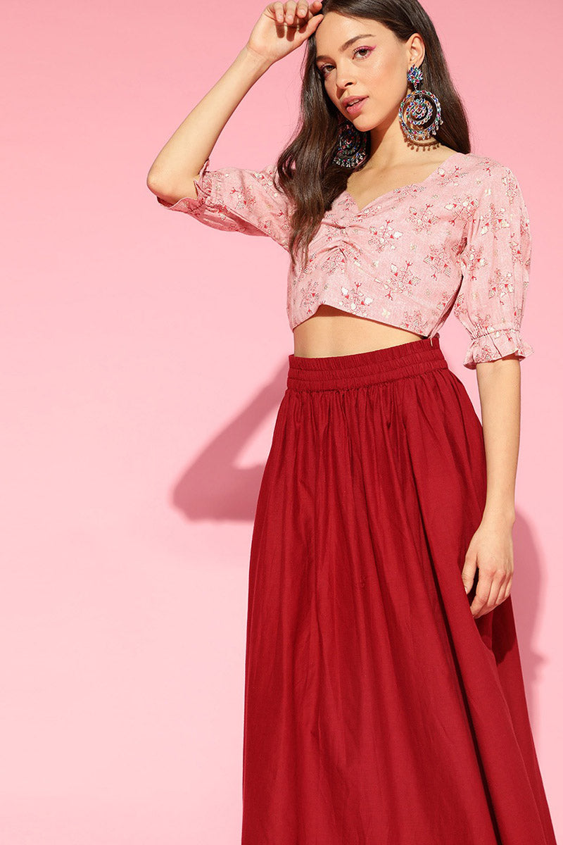 Peach Cotton Ethnic Motifs Printed Pleated Crop Top