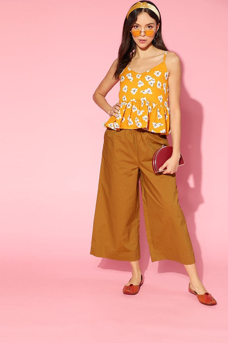 Yellow Georgette Floral Printed Peplum Strappy Crop Top